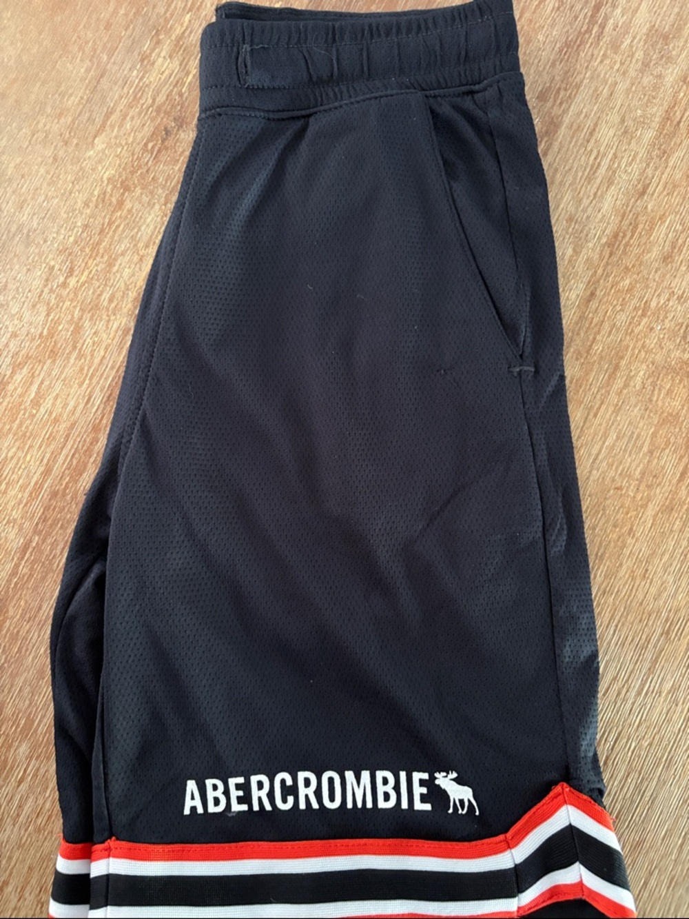 Abercrombie & Fitch Black Athletic Shorts with Red & White Stripe Hem